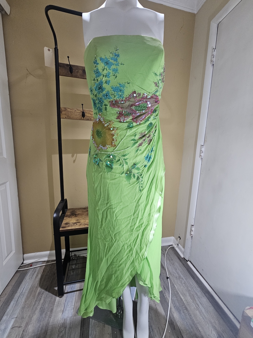 Strapless Lime Green Embellished Evening Dress